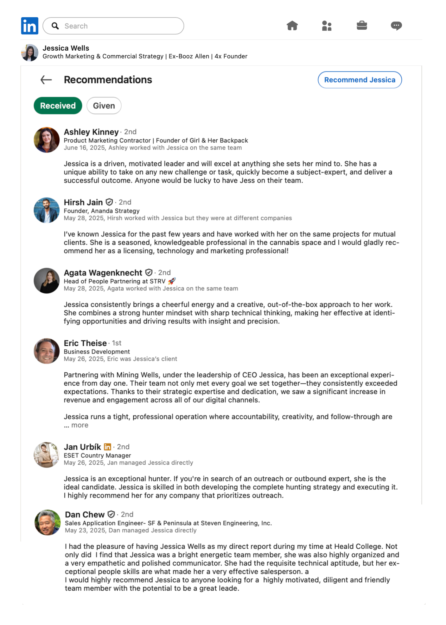 LinkedIn Recommendations for Jessica Wells